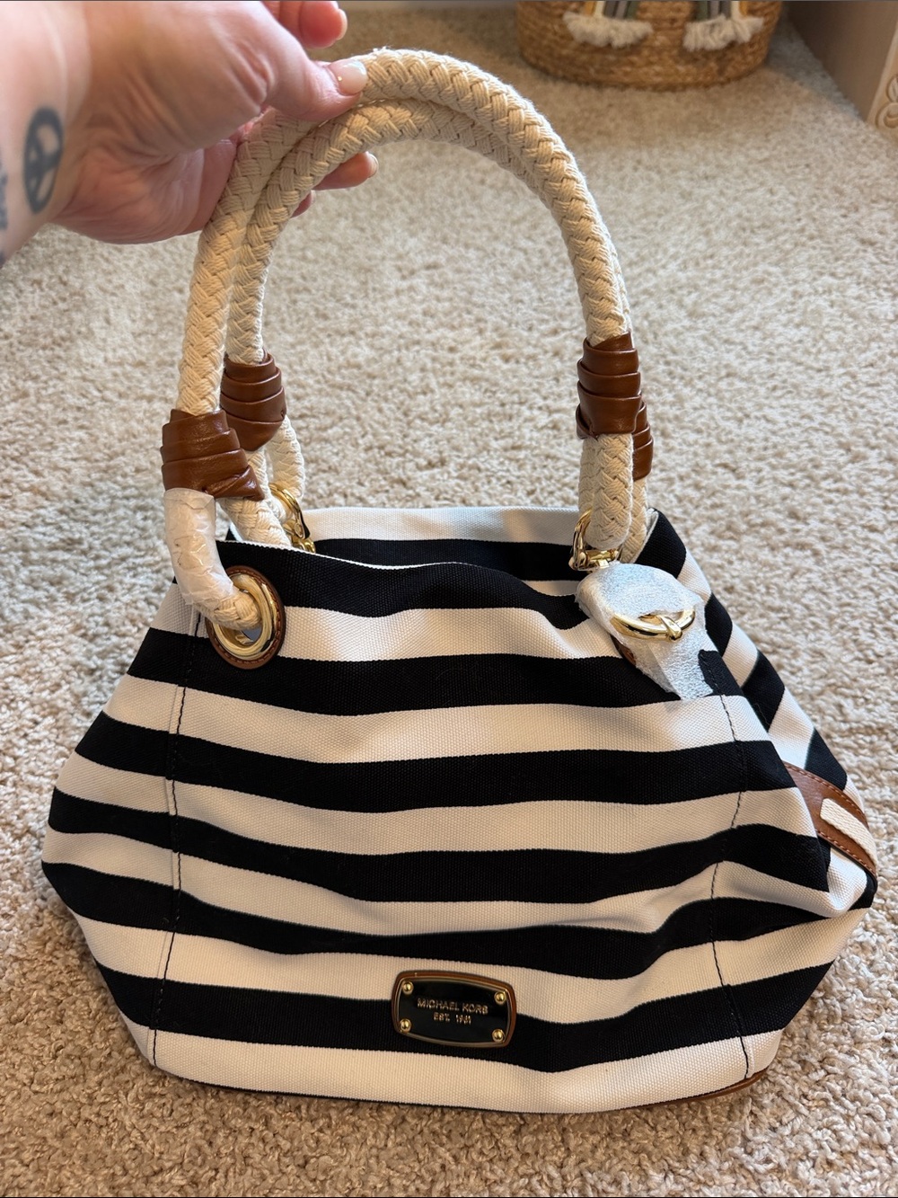 NWT Michael Kors Black & White Striped Rope-Handle Tote with Tan Accents